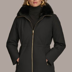 FAUX FUR COLLAR HOODED COAT