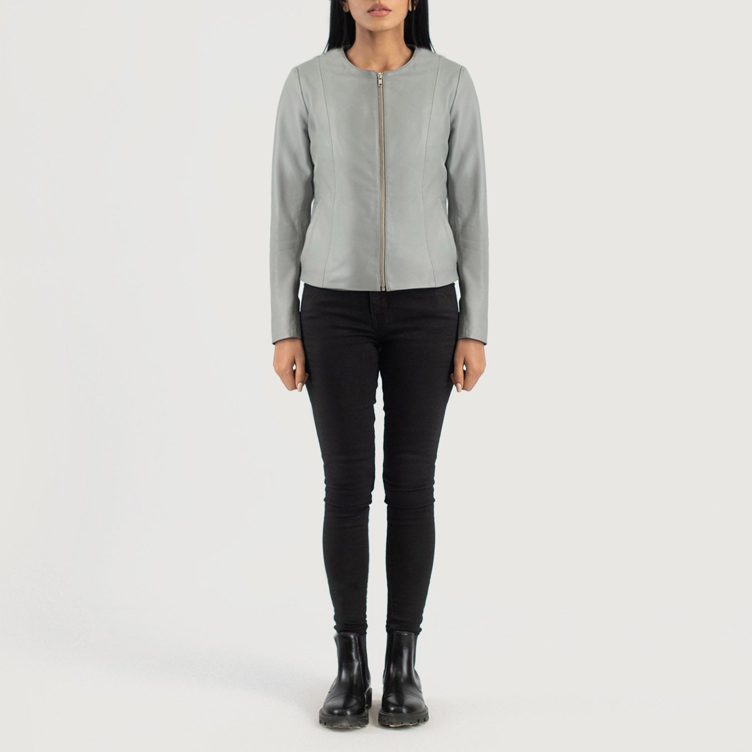 Elixir Grey Collarless Leather Jacket - Image 4
