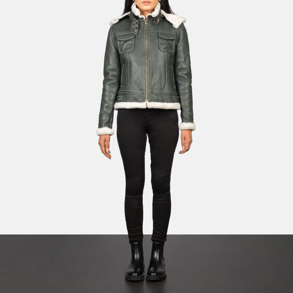 Fiona Green Hooded Shearling Leather Jacket - Image 2