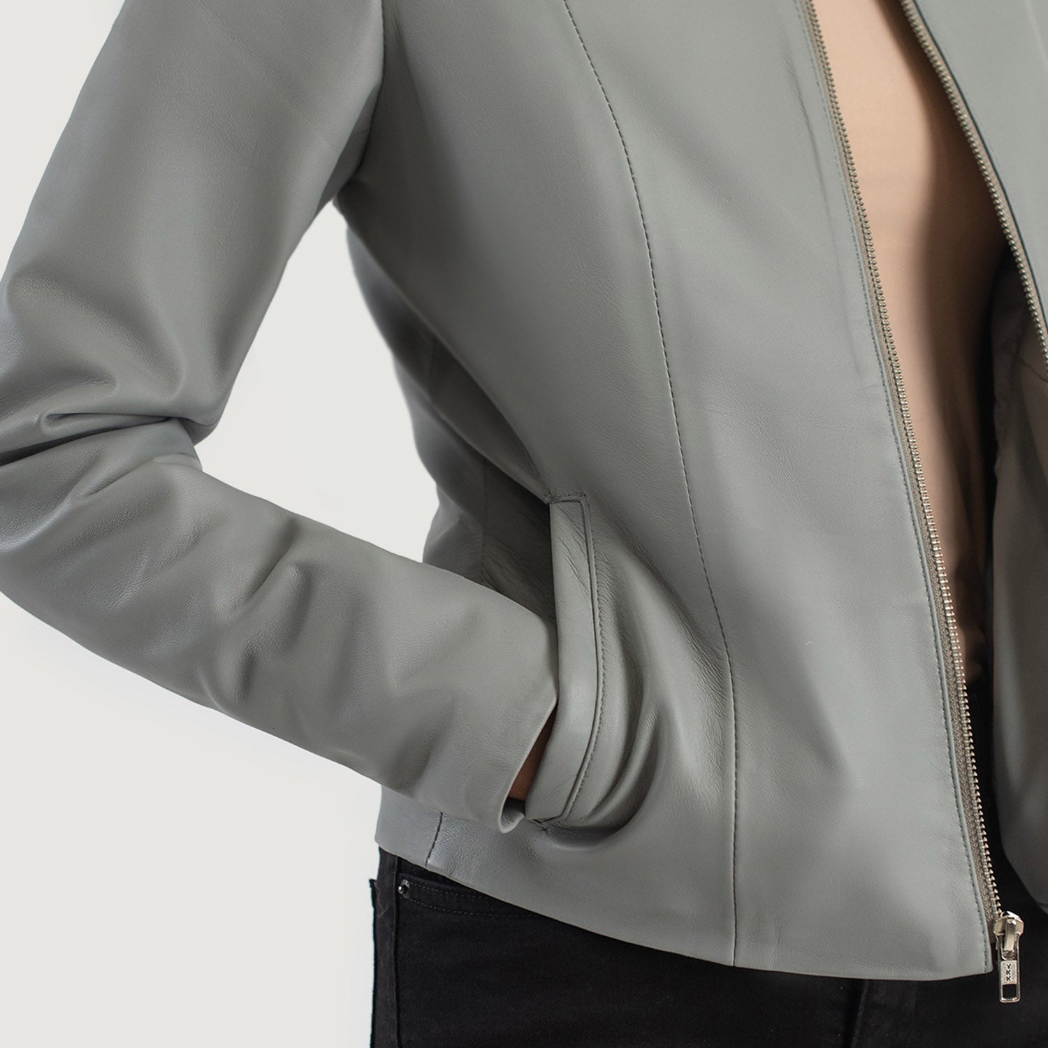 Elixir Grey Collarless Leather Jacket - Image 6