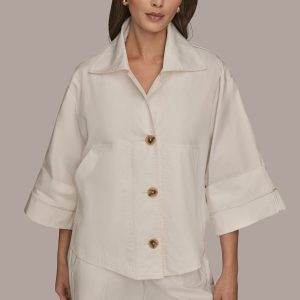 3/4-SLEEVE COTTON GABARDINE SWING JACKET