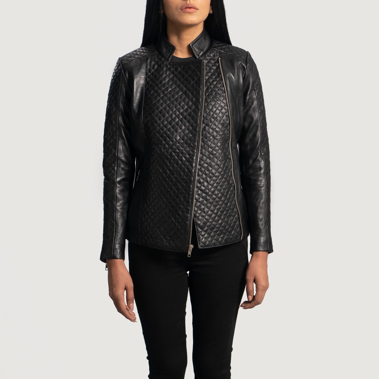 Orient Grain Quilted Black Leather Biker Jacket - Image 3
