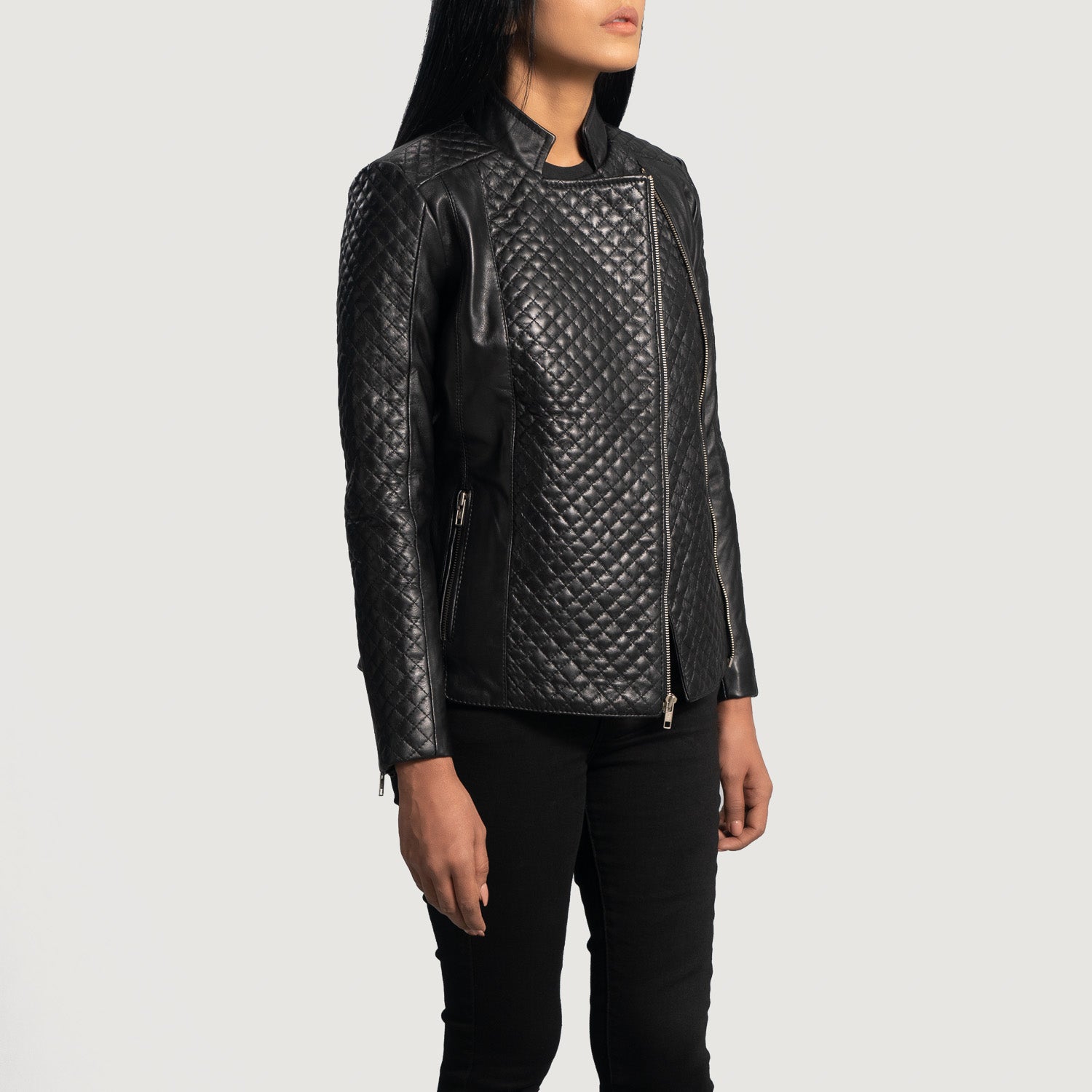 Orient Grain Quilted Black Leather Biker Jacket - Image 2
