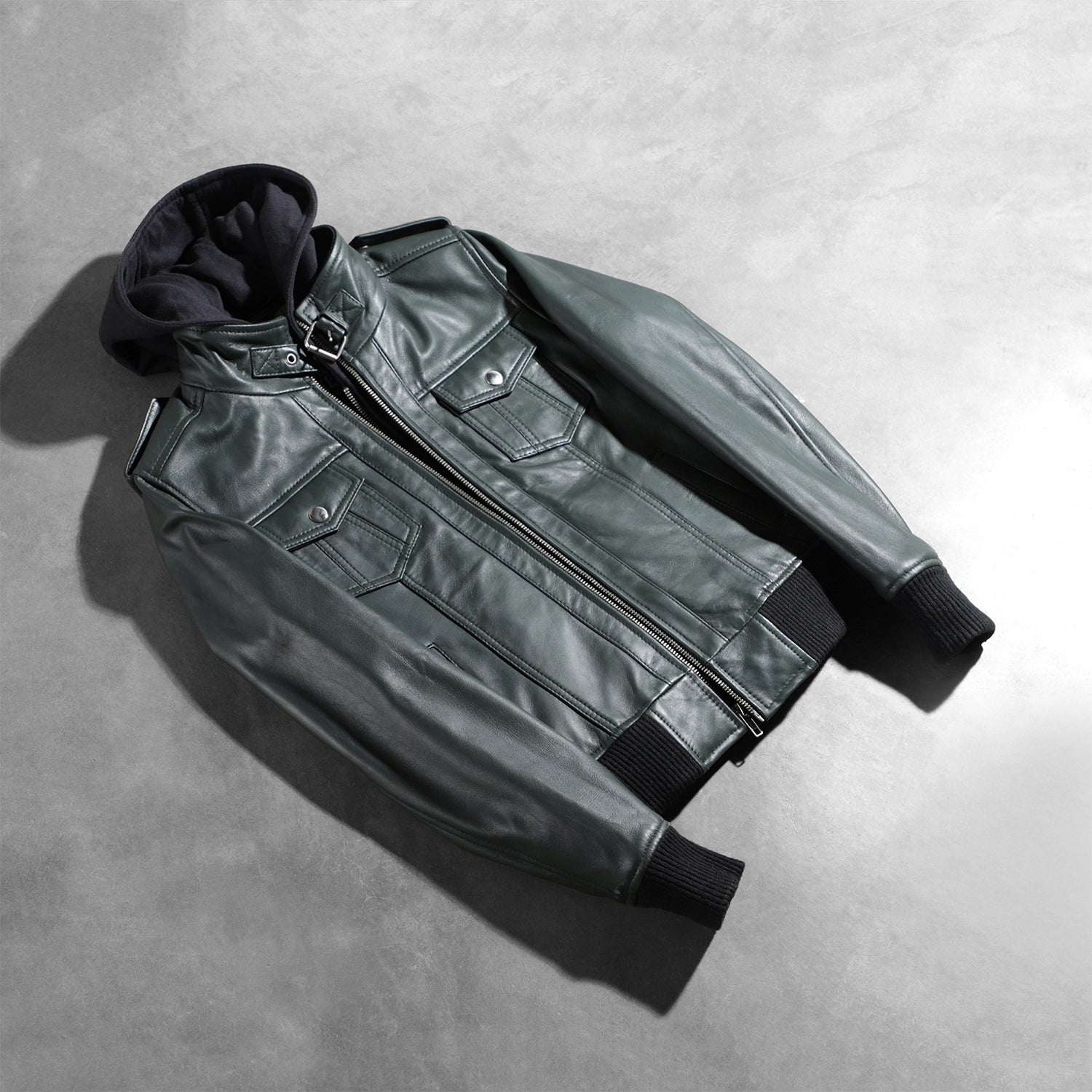 Roslyn Green Hooded Leather Bomber Jacket - Image 7