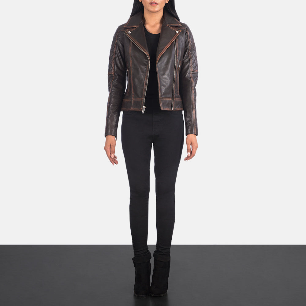 Carolyn Quilted Vintage Brown Biker Jacket - Image 3