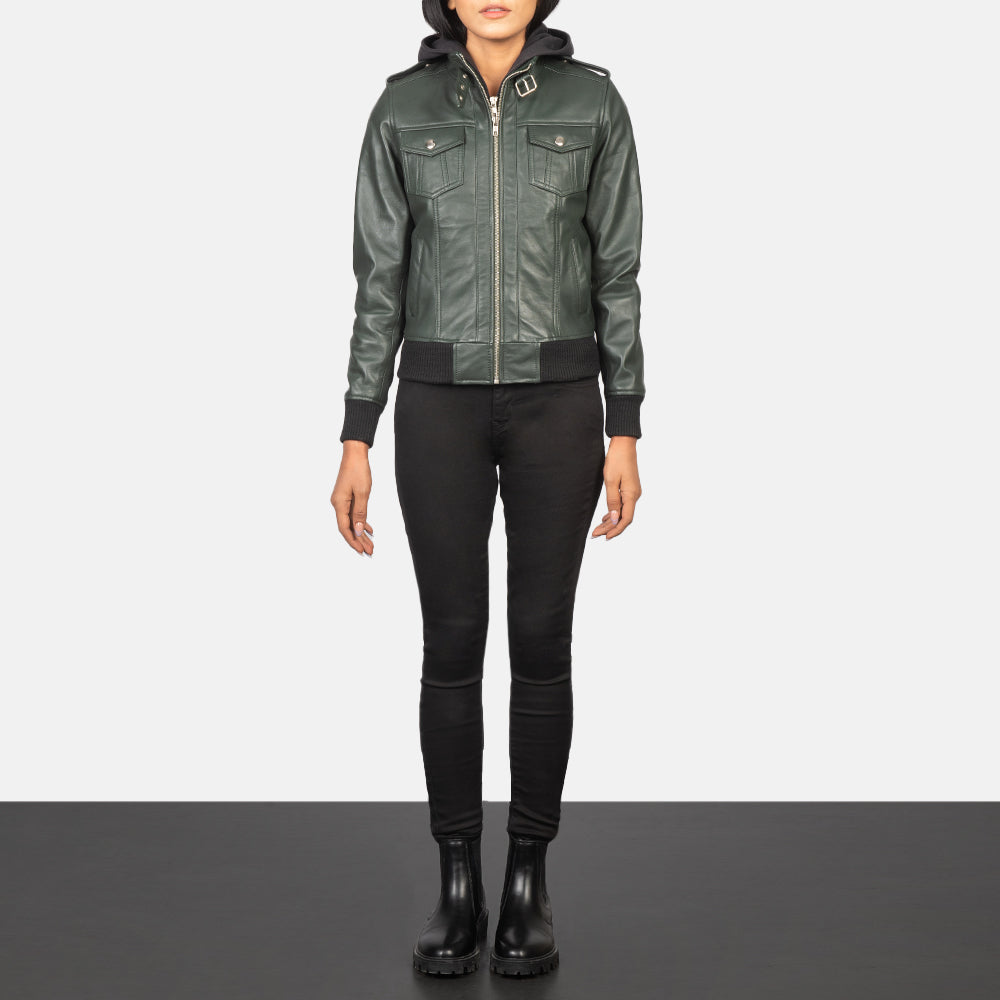 Roslyn Green Hooded Leather Bomber Jacket - Image 3