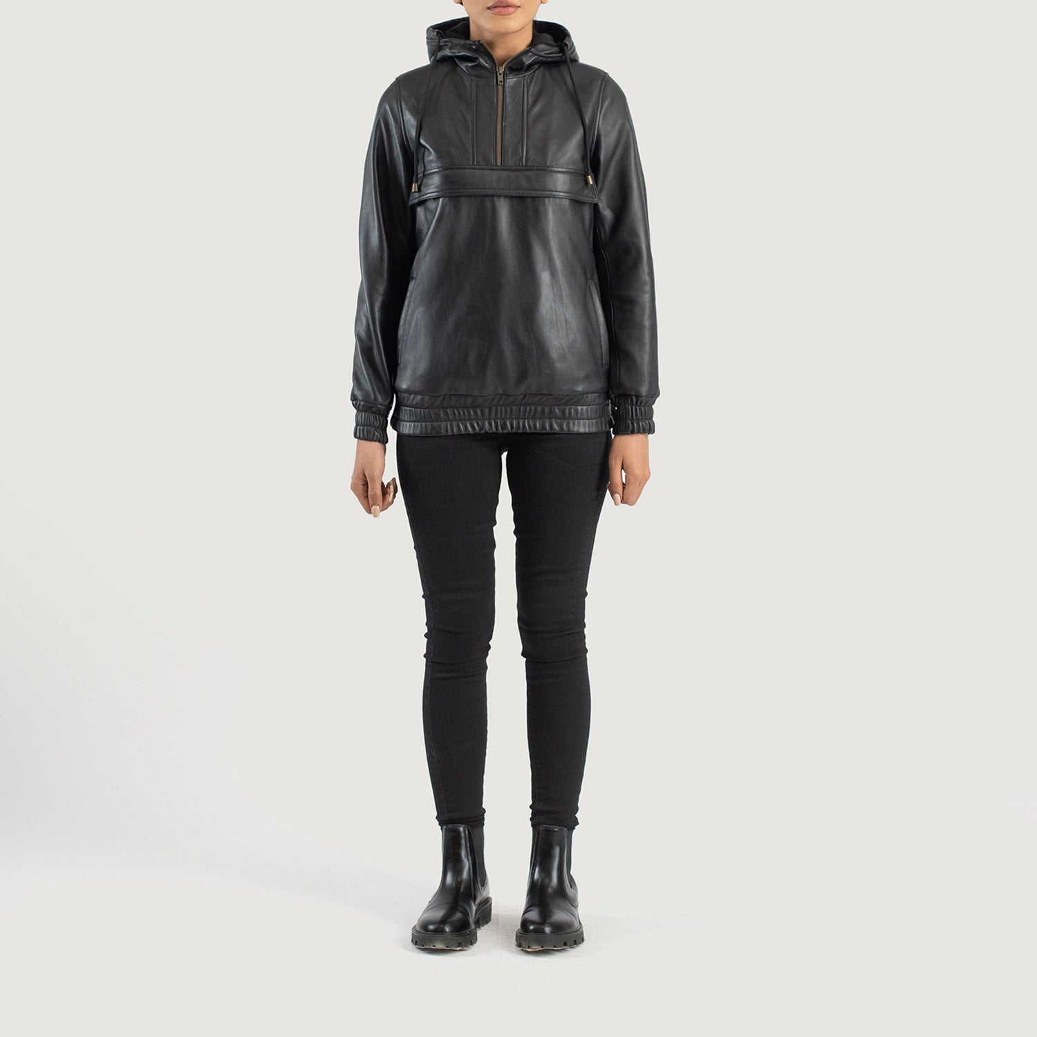 Zest Black Hooded Leather Pullover Jacket - Image 3
