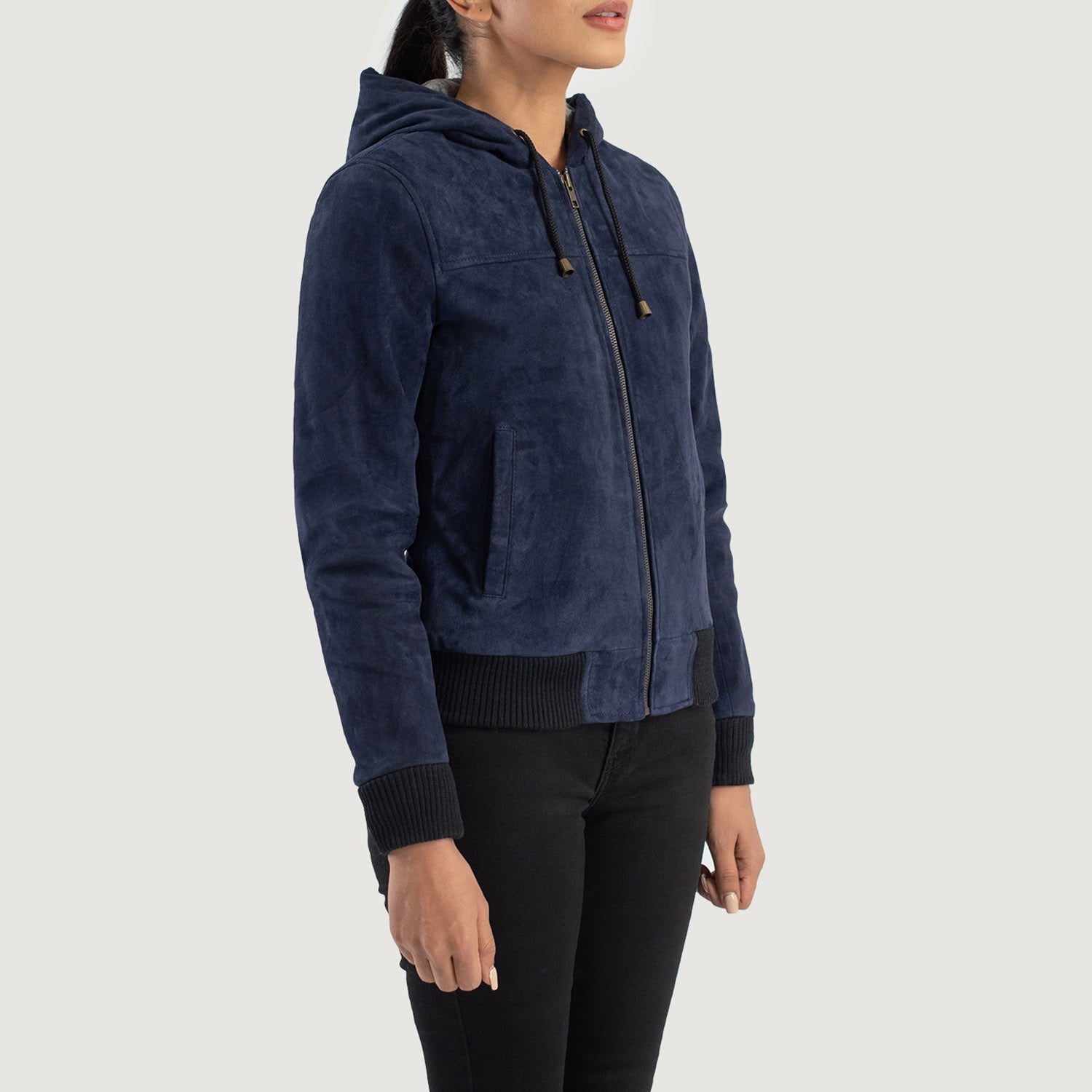 Rebella Blue Hooded Suede Bomber Jacket - Image 2