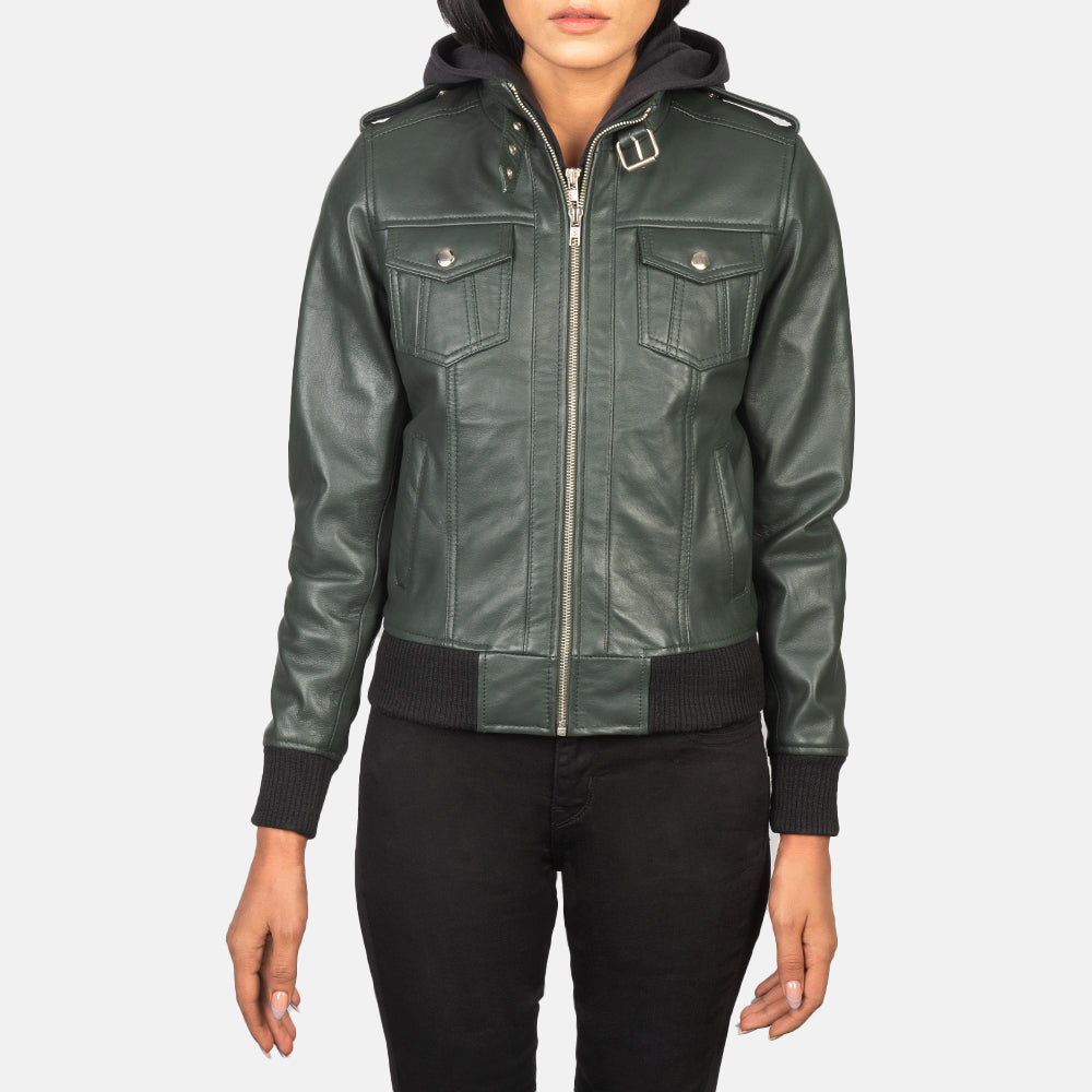 Roslyn Green Hooded Leather Bomber Jacket - Image 4